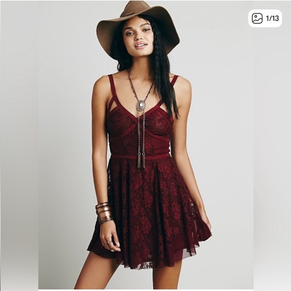 Free People Burgundy Lace Sheer Slip Dress - Picture 1 of 9